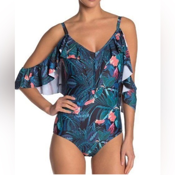 NWT Nicole Miller Ruffled Cold Shoulder in Into the Jungle Size Medium - Picture 1 of 6